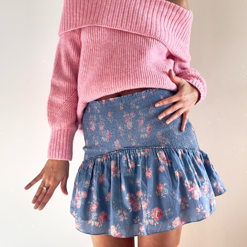 LoveShackFancy | “Anguilla” blue & pink floral smocked mini skirt | Size L